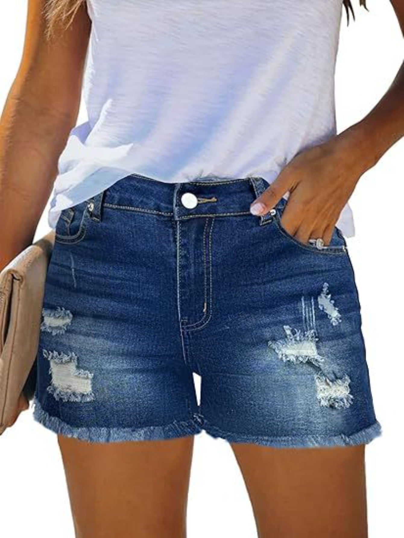 Women's Denim Shorts - Distressed – Navy Color detail view