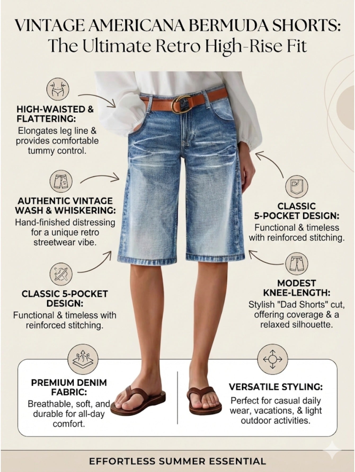 Women's Denim Shorts - Distressed With Pockets – Relaxed Fit detail view