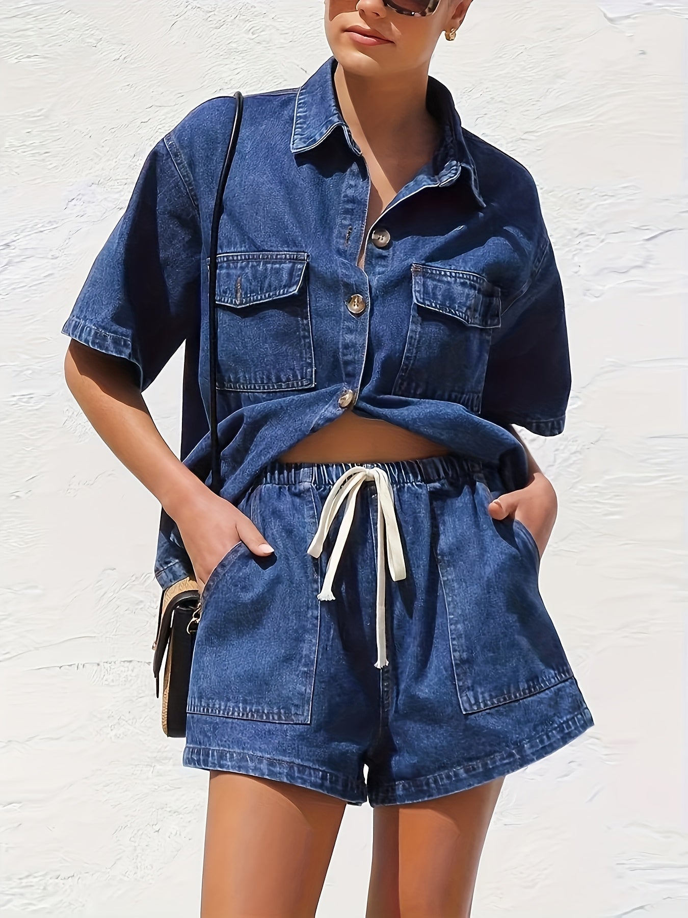 Women's Denim Shorts - Drawstring Waist – Blue detail view