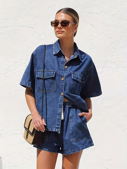 Women's Denim Shorts - Drawstring Waist – Blue detail view