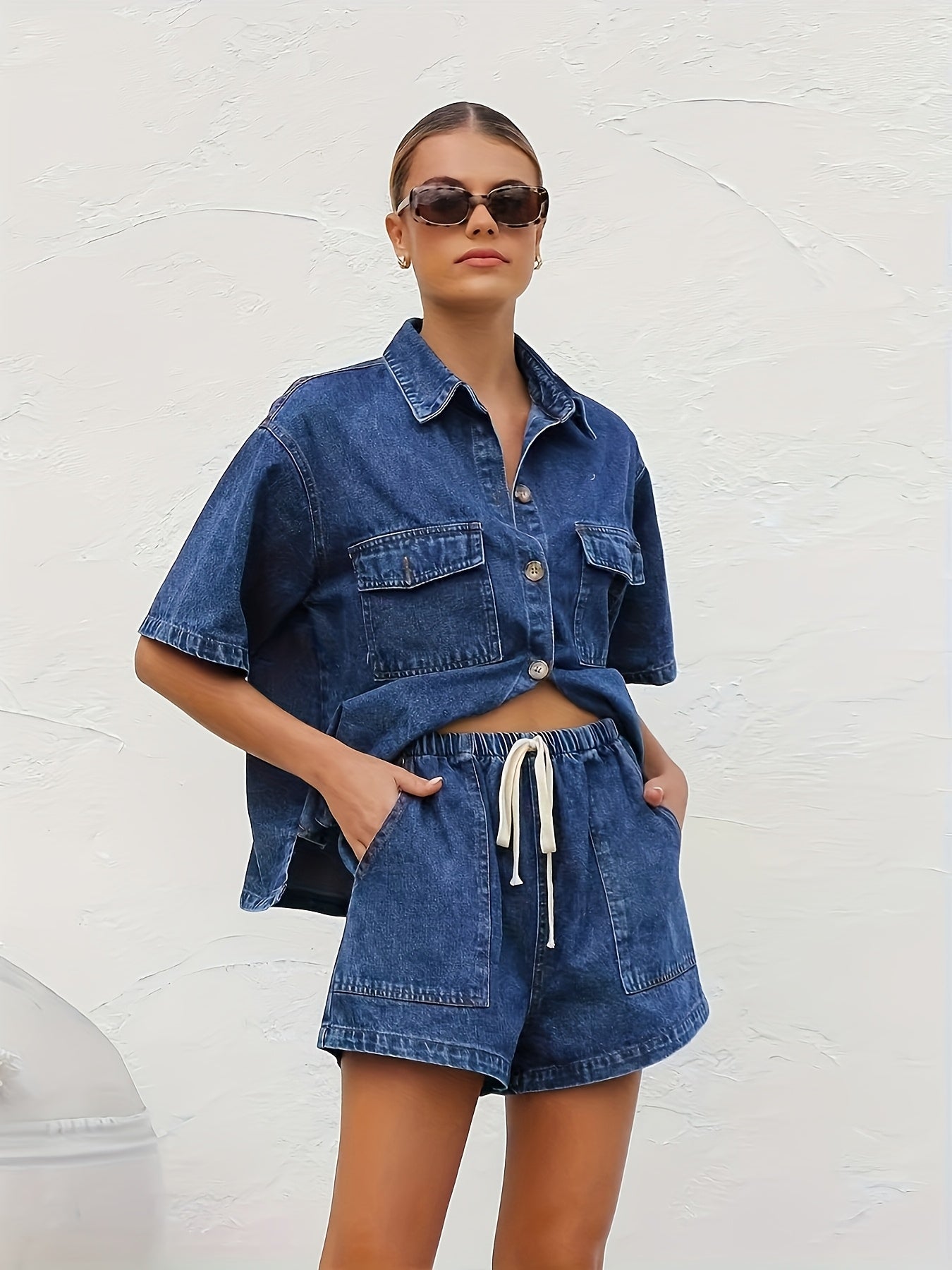 Women's Denim Shorts - Drawstring Waist – Blue detail view