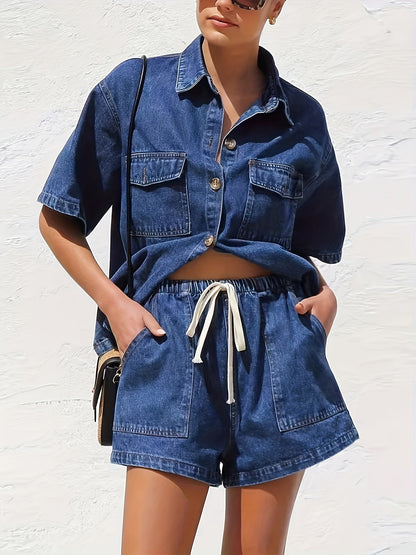 Women's Denim Shorts - Drawstring Waist – Blue detail view