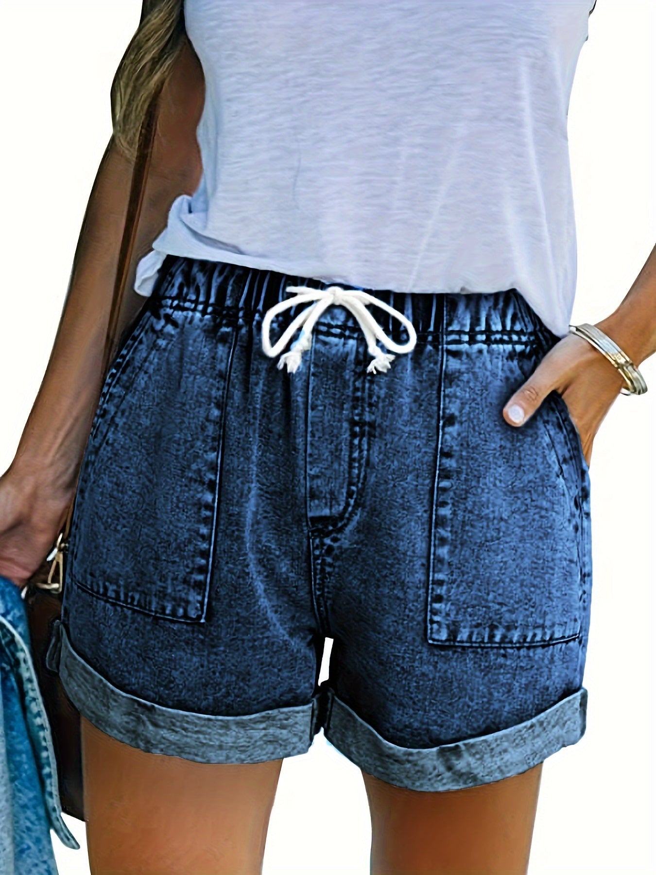 Women's Denim Shorts - Drawstring Waist – Sky Blue detail view