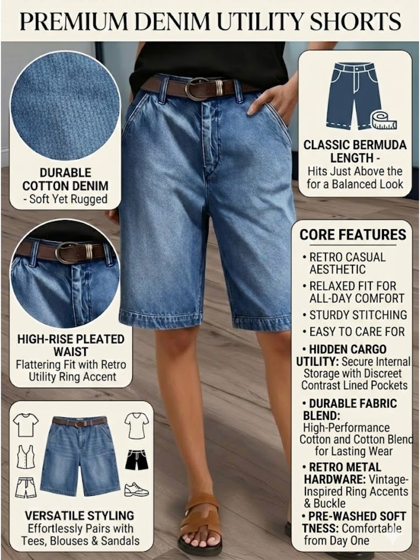 Women's Denim Shorts - Multi Pocket – Blue detail view