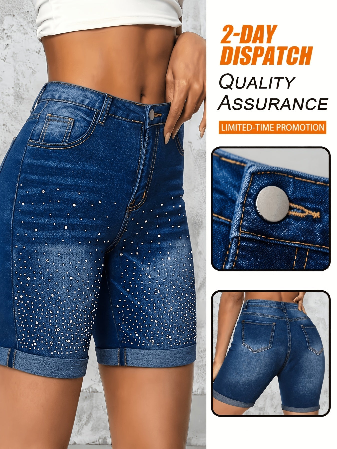 Women's Denim Shorts - Rhinestone Detail Regular Fit – Blue option – main product image