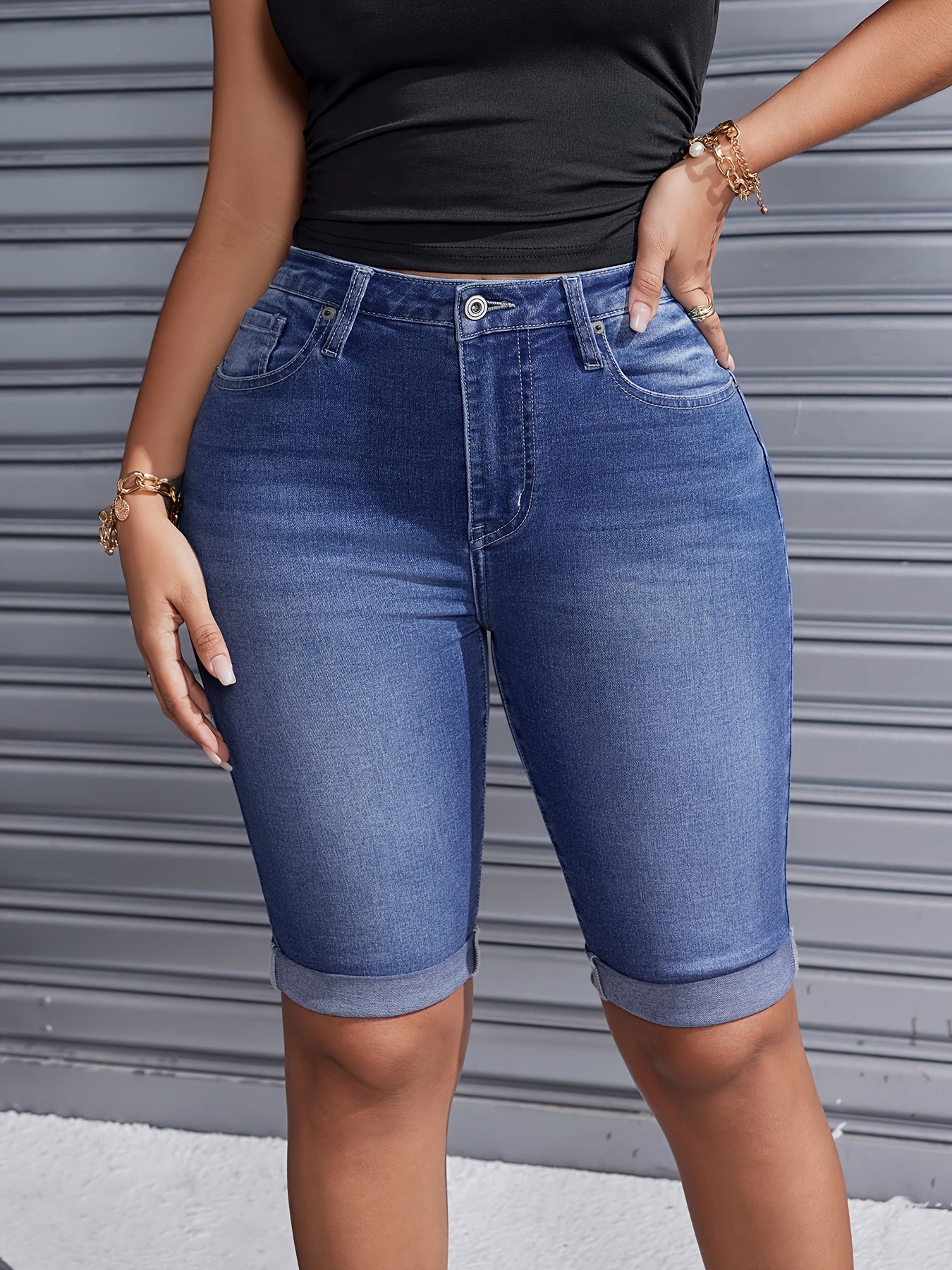 Women's Denim Shorts - Stretch – Medium Blue / Sizes XS–XXL detail view