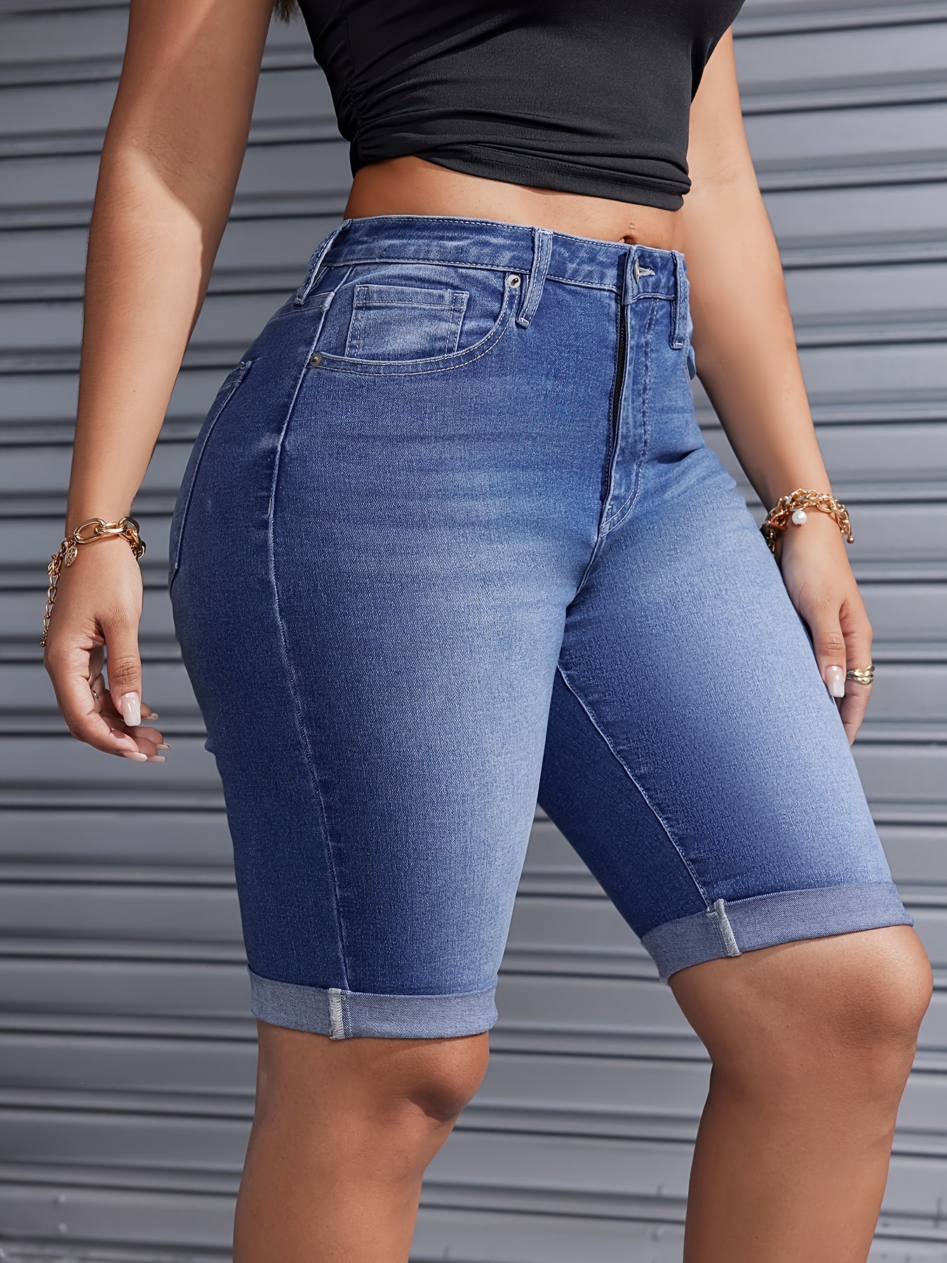 Women's Denim Shorts - Stretch – Medium Blue / Sizes XS–XXL detail view