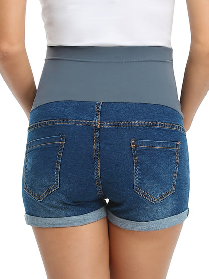 Women's Denim Shorts - Stretch With Pockets – Dark Blue / Blue Ripped detail view