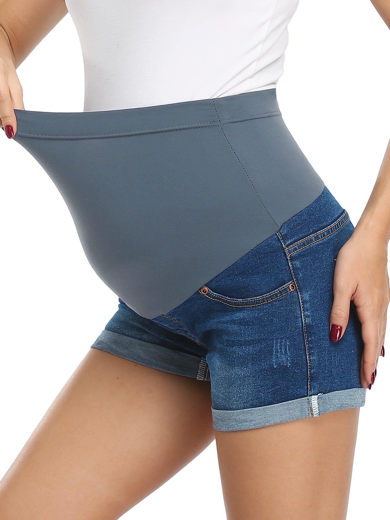 Women's Denim Shorts - Stretch With Pockets – Dark Blue / Blue Ripped detail view