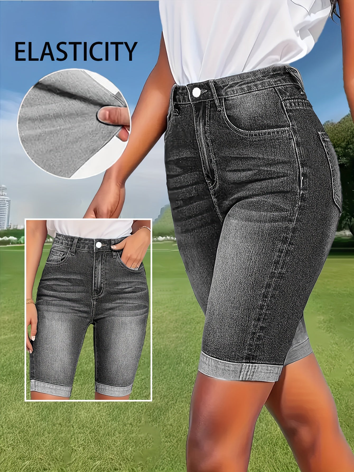 Women's Denim Shorts - Stretch With Pockets – Grey detail view