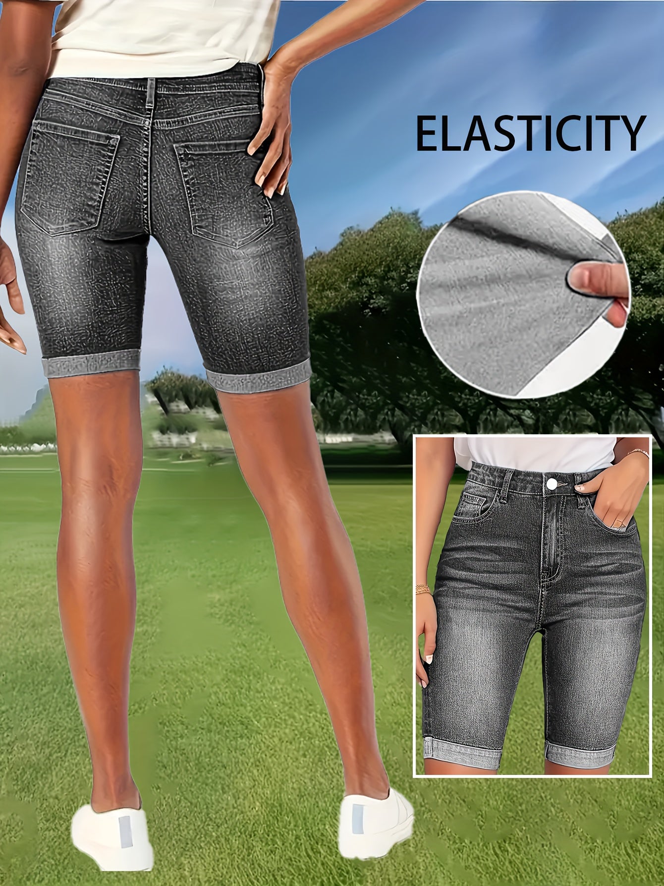 Women's Denim Shorts - Stretch With Pockets – Grey detail view