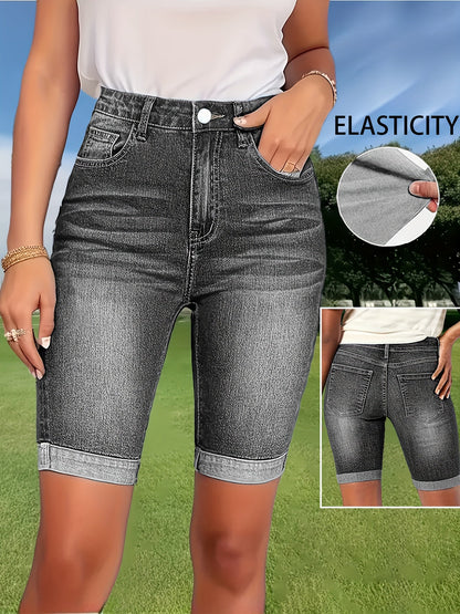 Women's Denim Shorts - Stretch With Pockets – Grey detail view