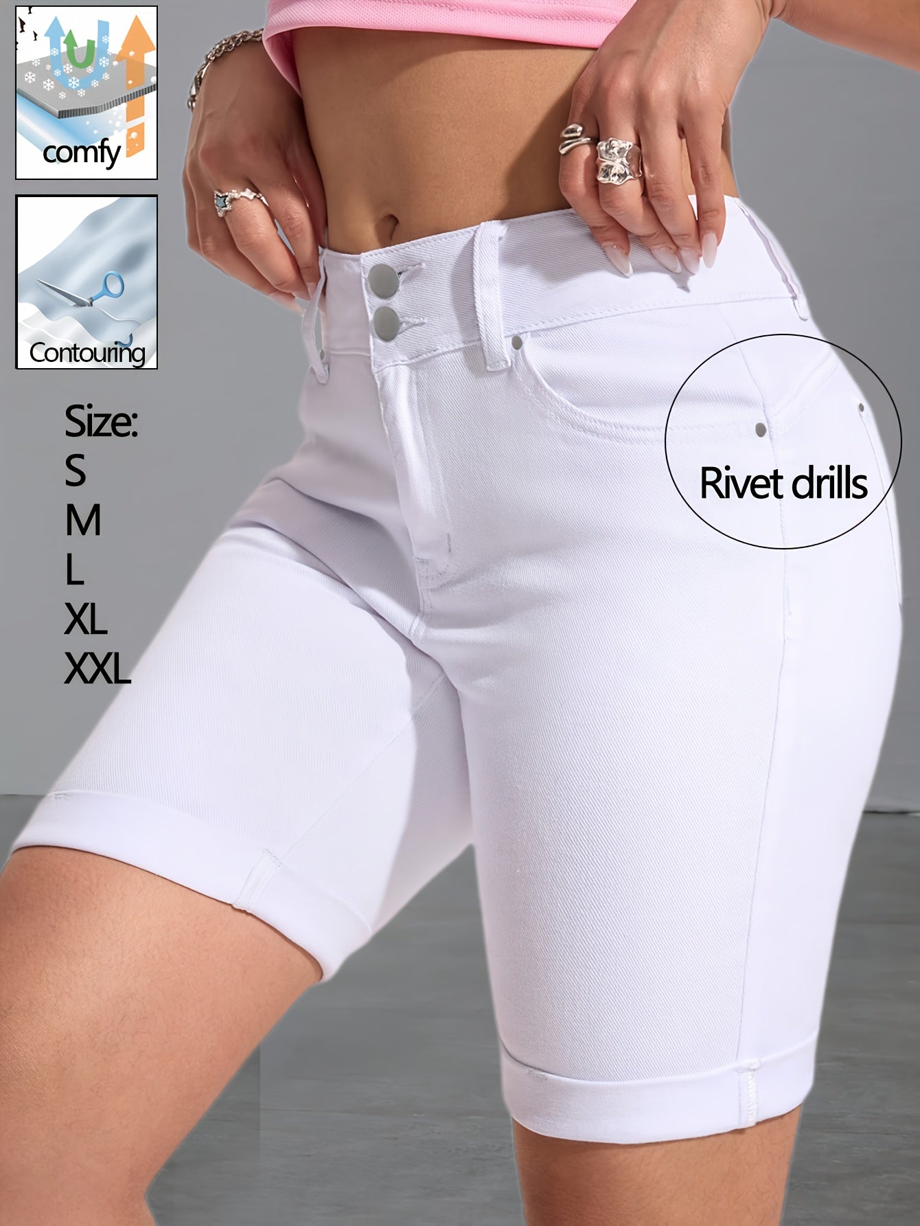 Women's Denim Shorts - White Rhinestone Detail – White option – view 2