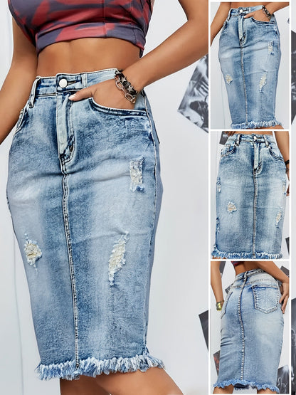 Women's Denim Skirt - High-Waist Distressed – Blue option – main product image