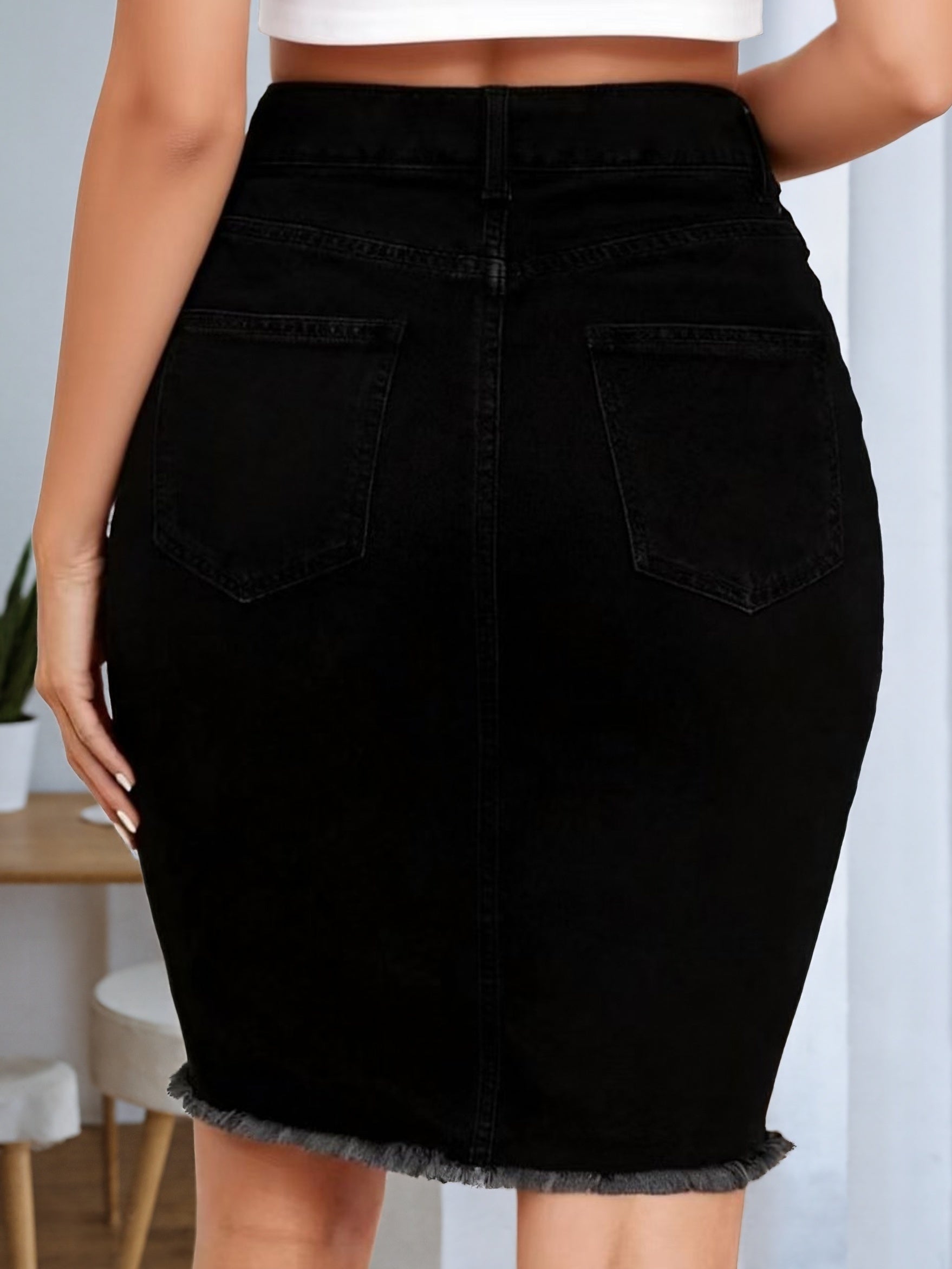 Women's Denim Skirt - High-Waist Distressed Black detail view