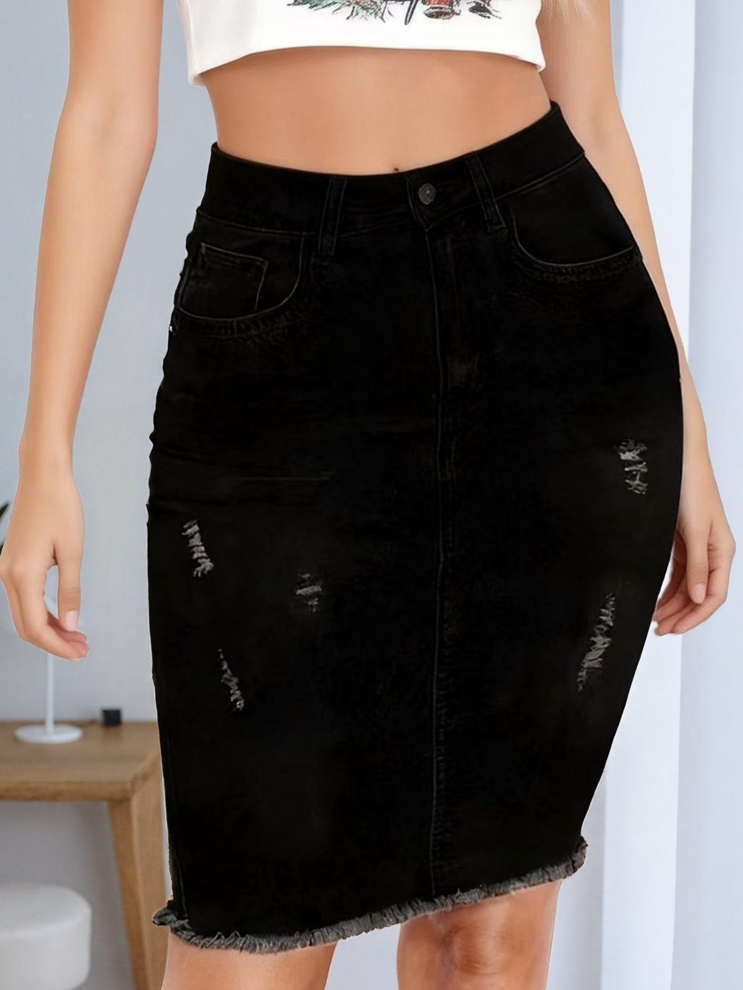 Women's Denim Skirt - High-Waist Distressed Black detail view