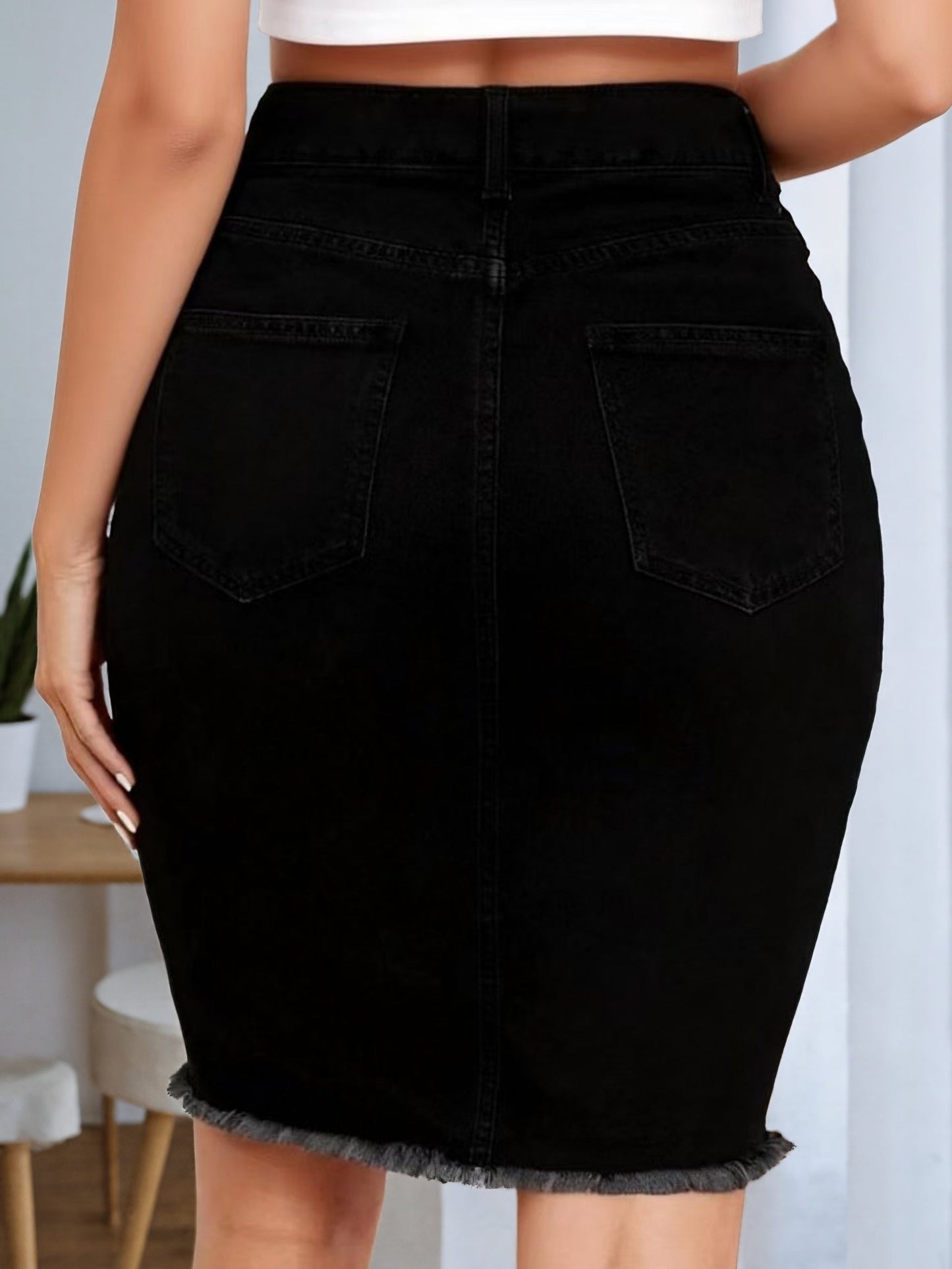 Women's Denim Skirt - High-Waist Distressed Black detail view