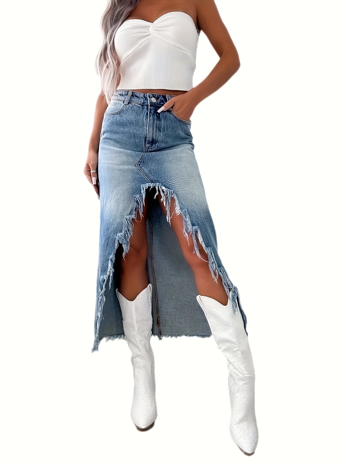 Women's Denim Skirt - High-Waist Solid Color detail view