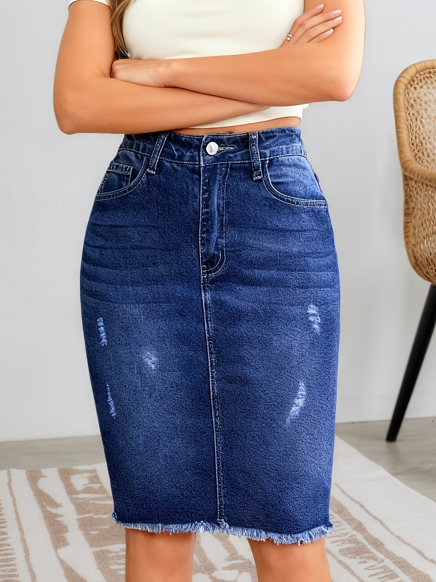 Women's Denim Skirt - Mid-Rise Distressed detail view