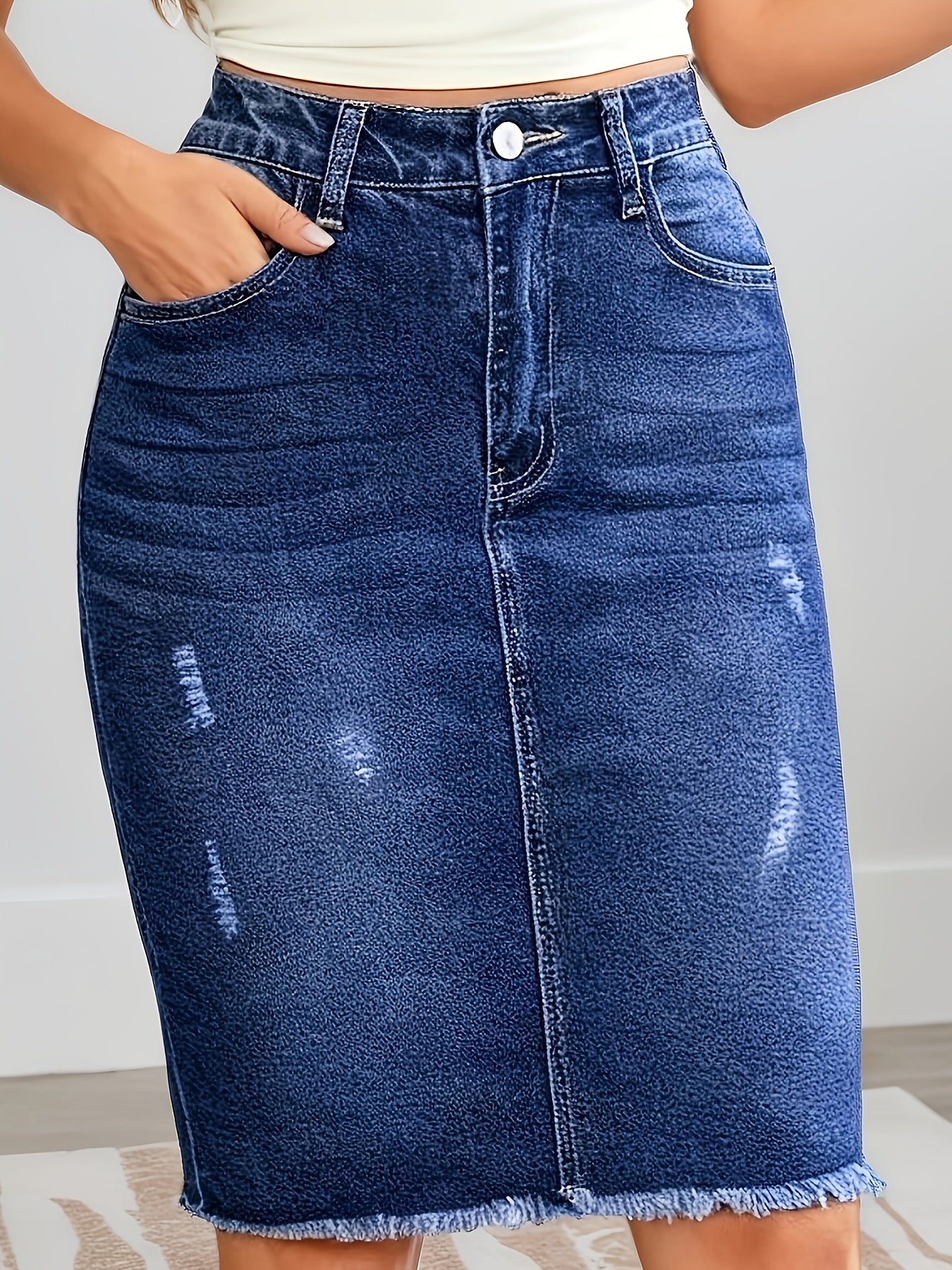 Women's Denim Skirt - Mid-Rise Distressed detail view