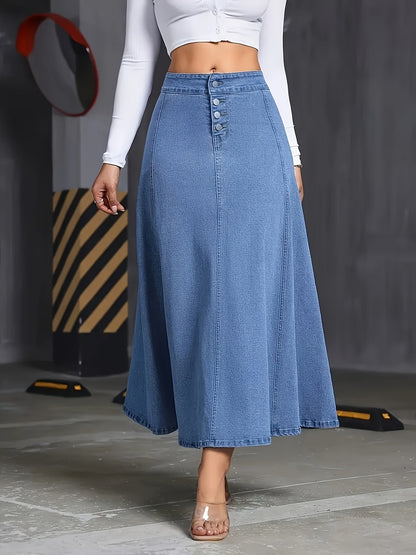 Women's Denim Skirt - Solid Color Button Front detail view