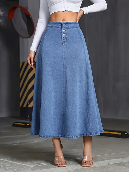 Women's Denim Skirt - Solid Color Button Front detail view
