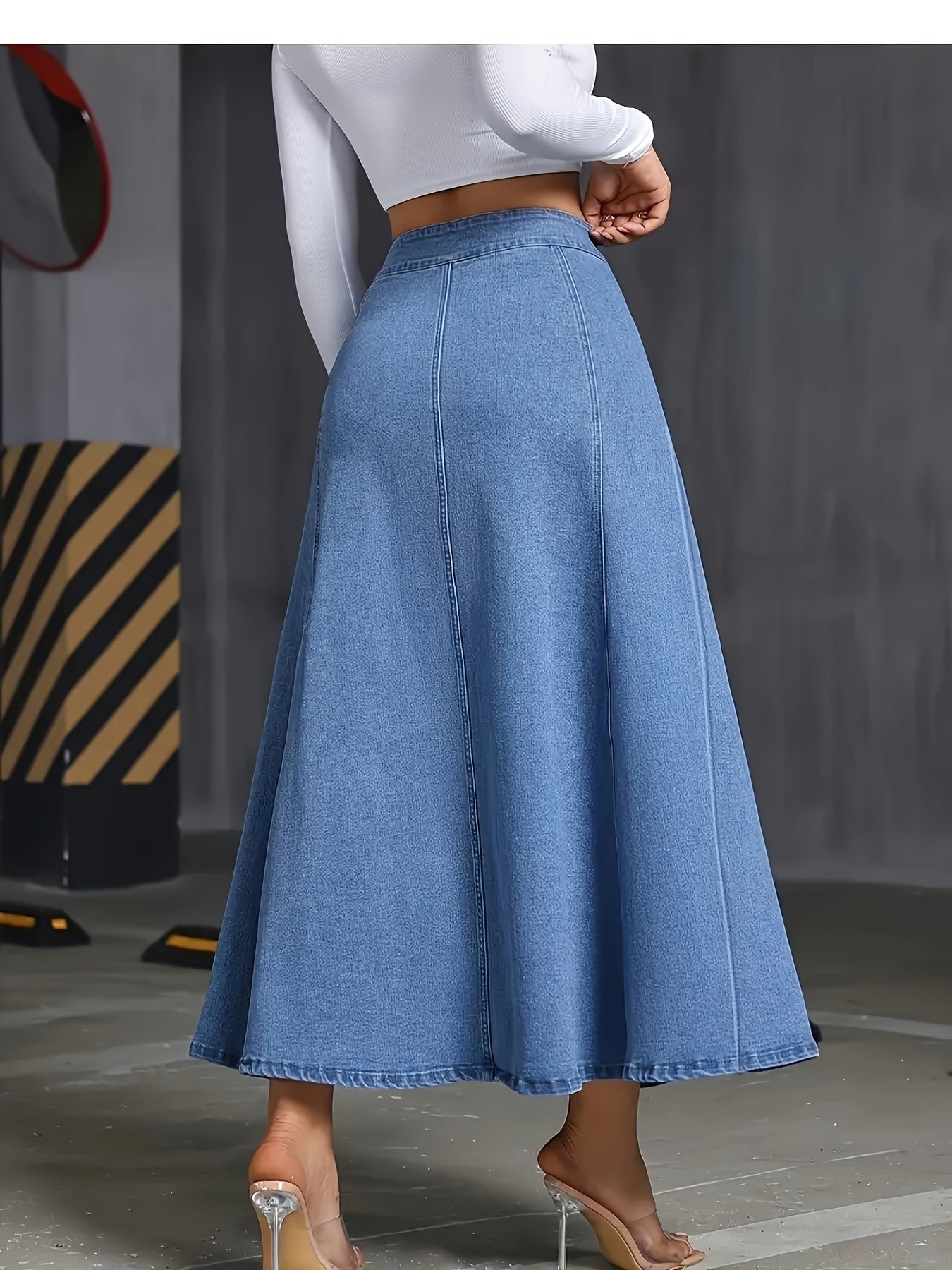 Women's Denim Skirt - Solid Color Button Front detail view