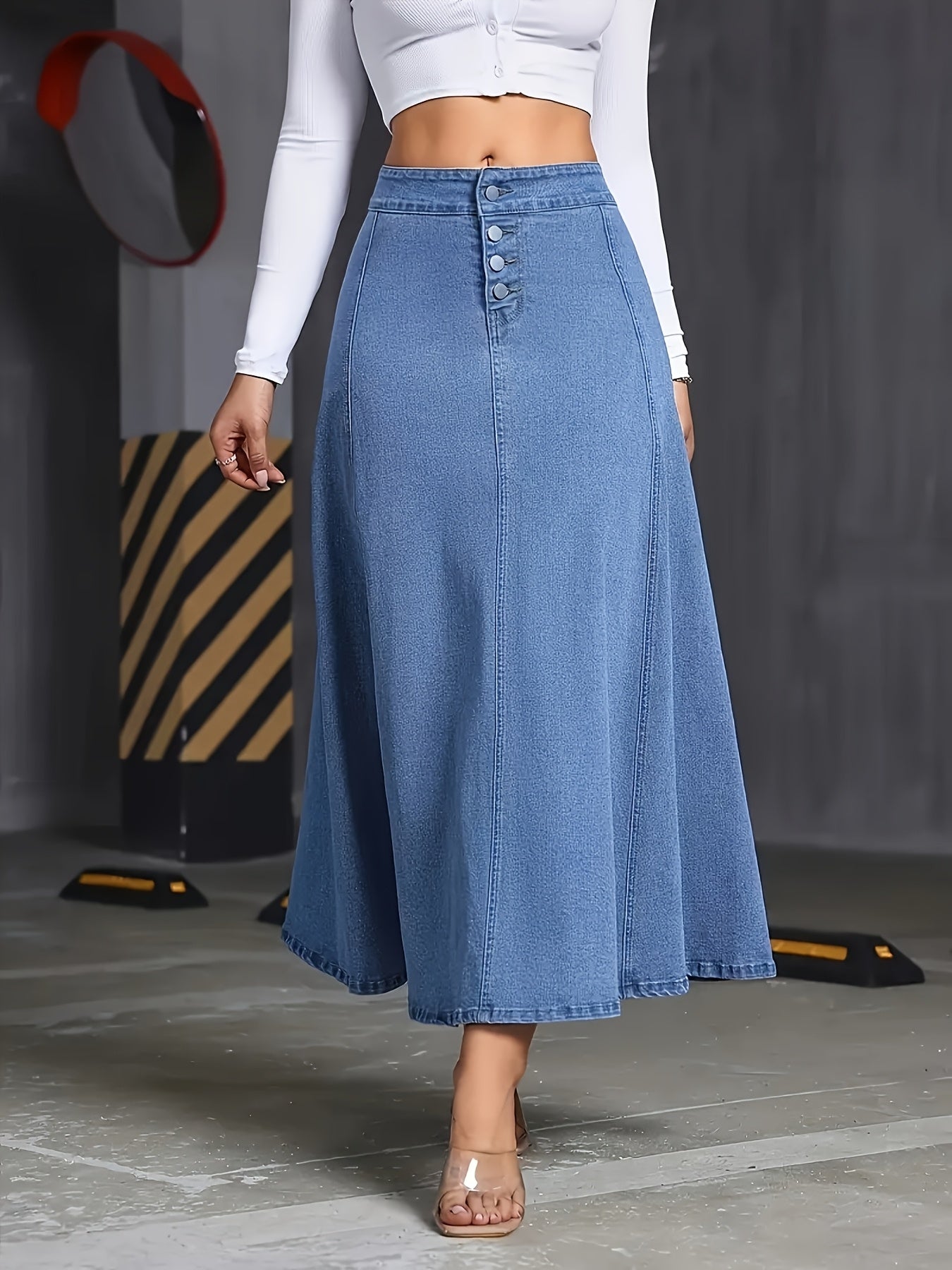 Women's Denim Skirt - Solid Color Button Front detail view