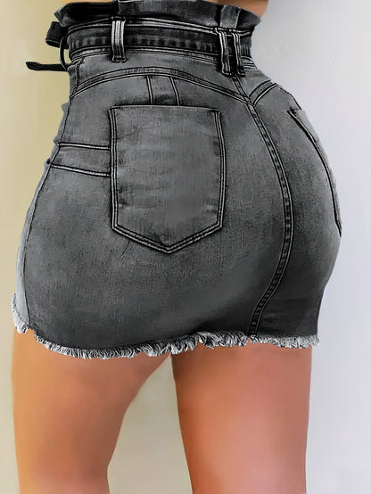 Women's Denim Skirt - Solid Color Frayed Hem – view 7