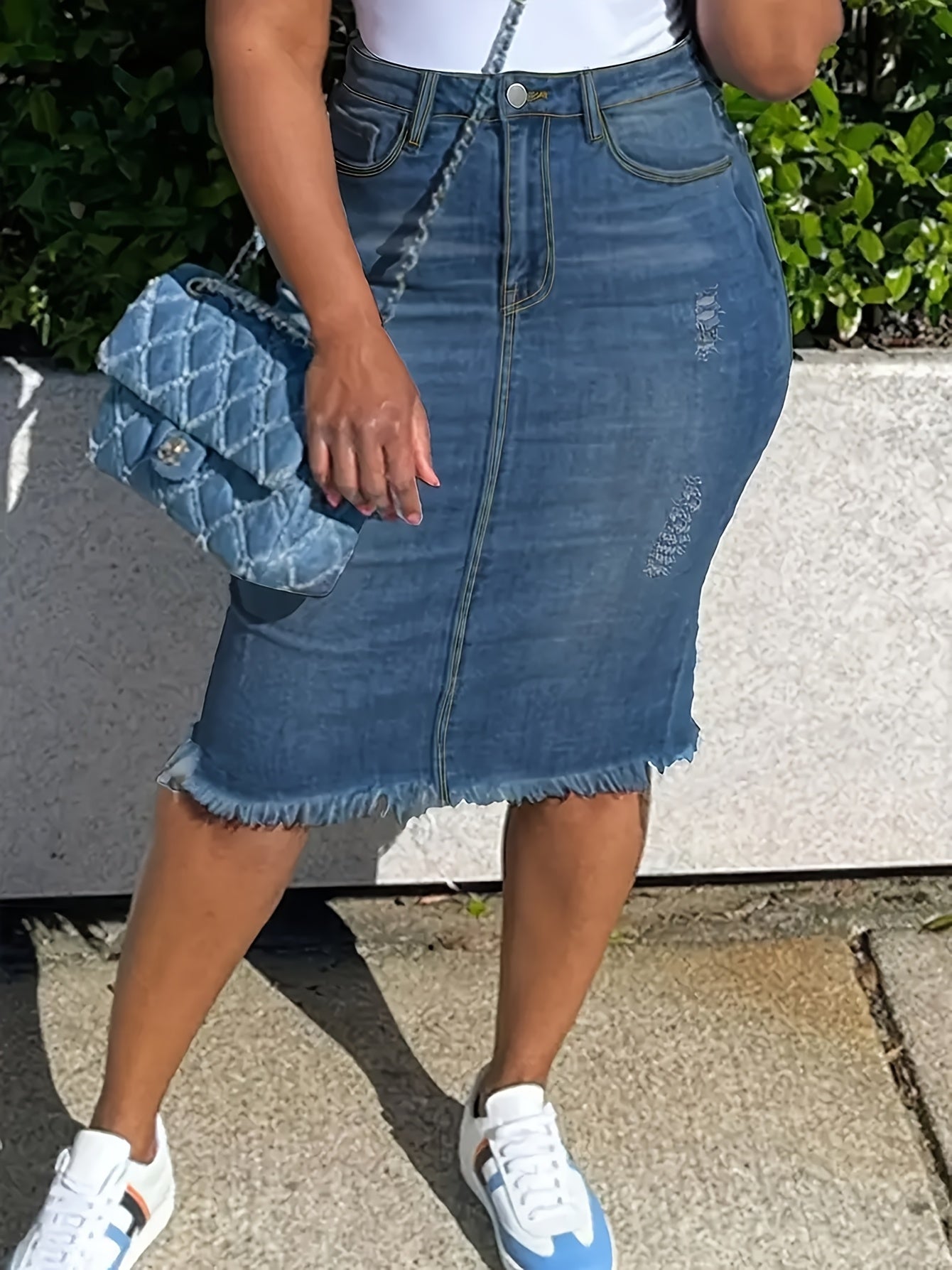 Women's Distressed Denim Midi Skirt - High-Waist Raw Hem Stretch Style detail view