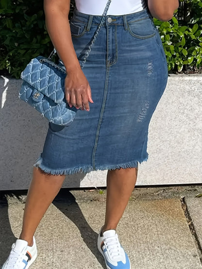 Women's Distressed Denim Midi Skirt - High-Waist Raw Hem Stretch Style detail view