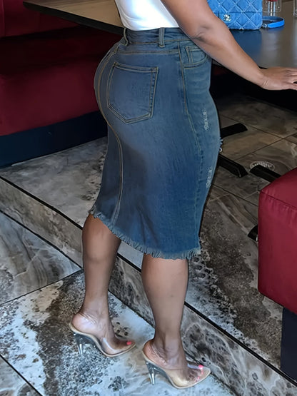 Women's Distressed Denim Midi Skirt - High-Waist Raw Hem Stretch Style detail view