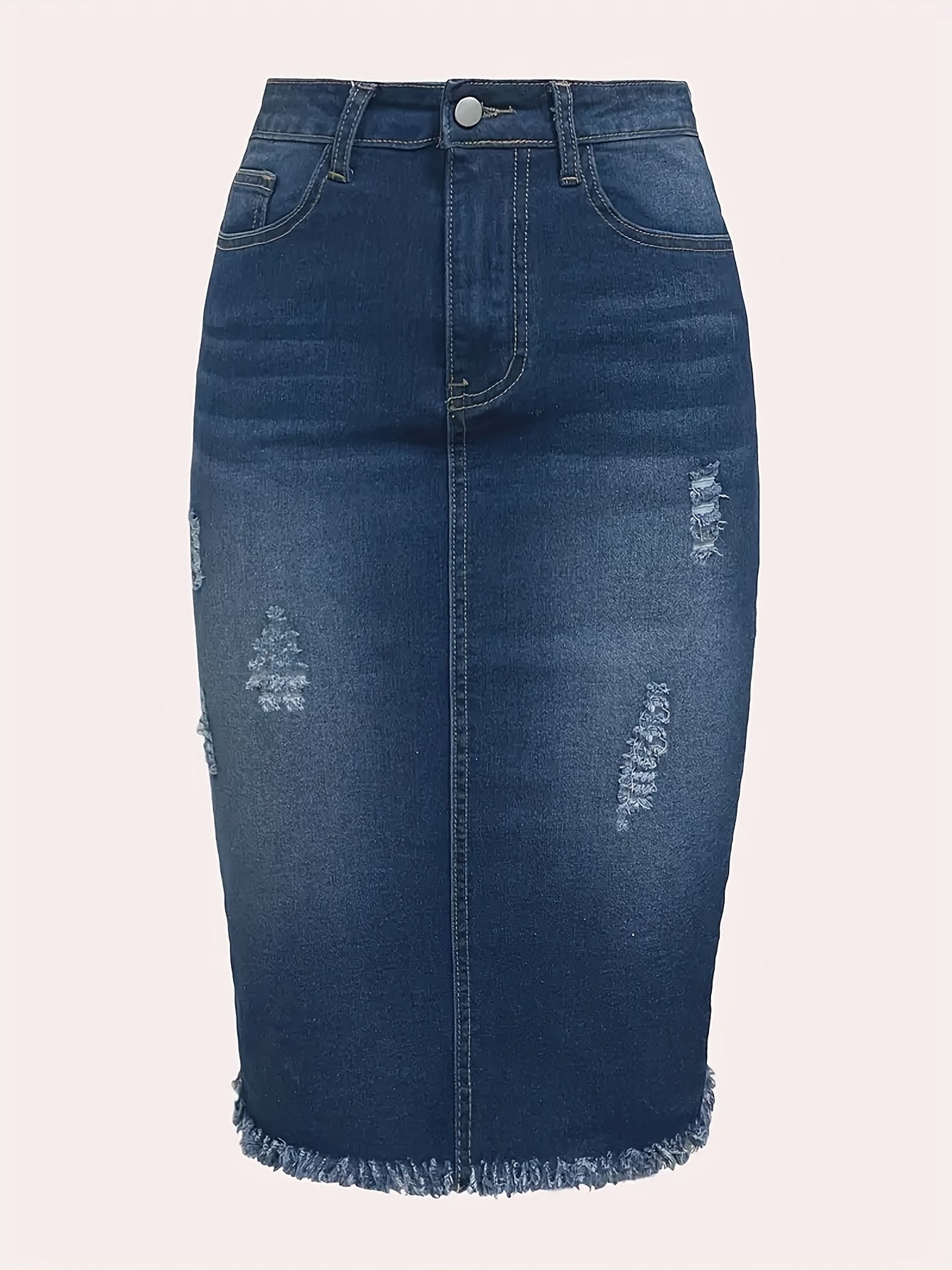 Women's Distressed Denim Midi Skirt - High-Waist Raw Hem Stretch Style detail view