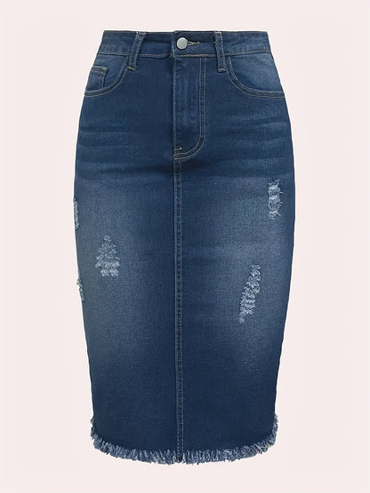 Women's Distressed Denim Midi Skirt - High-Waist Raw Hem Stretch Style detail view