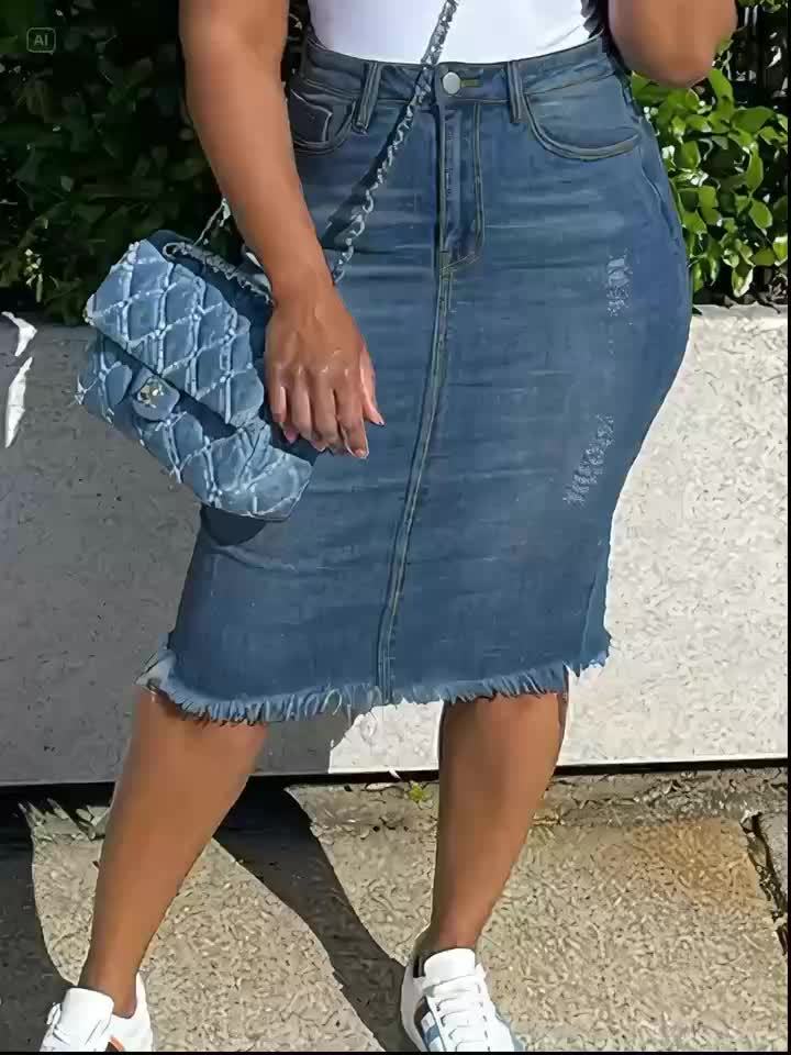 Women's Distressed Denim Midi Skirt - High-Waist Raw Hem Stretch Style detail view