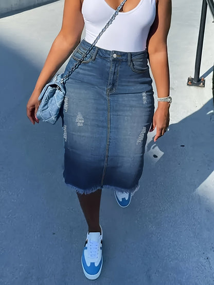Women's Distressed Denim Midi Skirt - High-Waist Raw Hem Stretch Style detail view