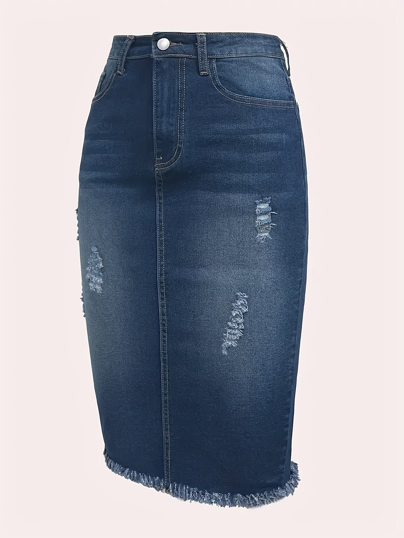Women's Distressed Denim Midi Skirt - High-Waist Raw Hem Stretch Style detail view