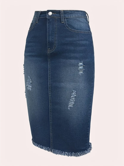 Women's Distressed Denim Midi Skirt - High-Waist Raw Hem Stretch Style detail view