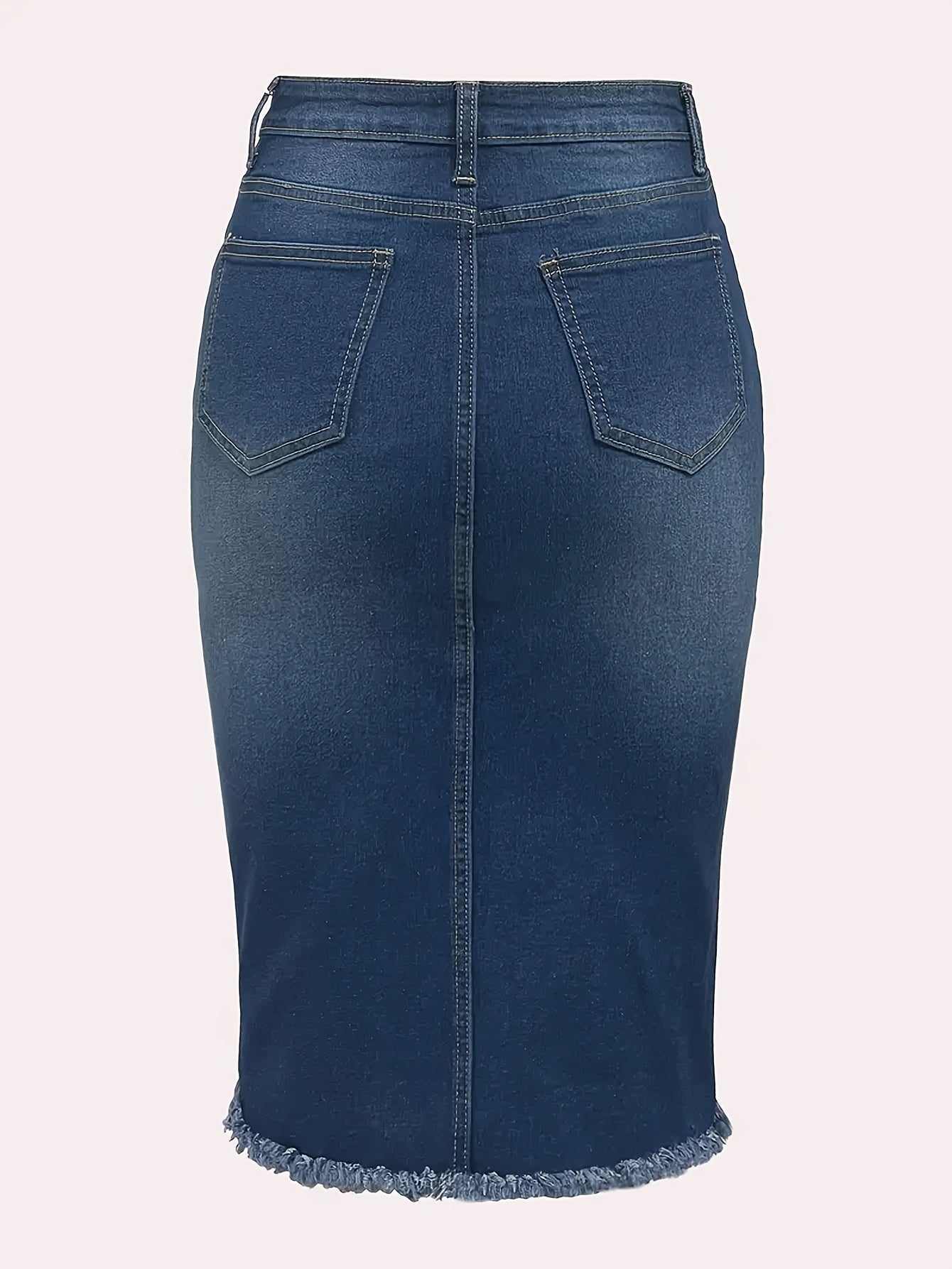 Women's Distressed Denim Midi Skirt - High-Waist Raw Hem Stretch Style detail view