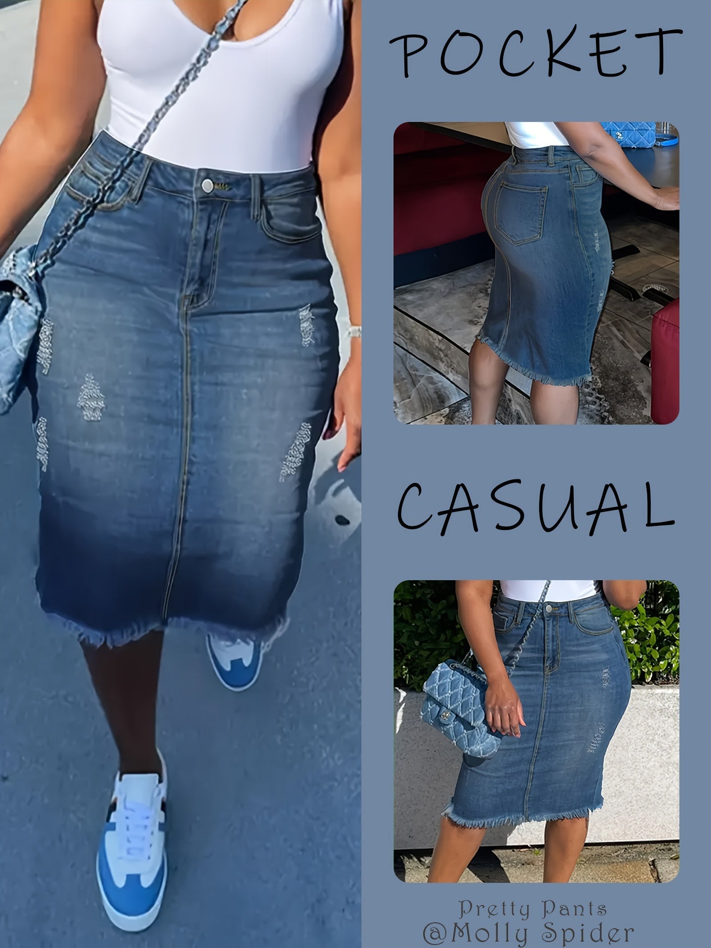 Women's Distressed Denim Midi Skirt - High-Waist Raw Hem Stretch Style – Blue option – main product image