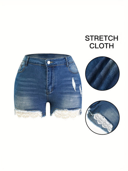 Women's Distressed Denim Shorts - Lace Detail Classic Neckline detail view