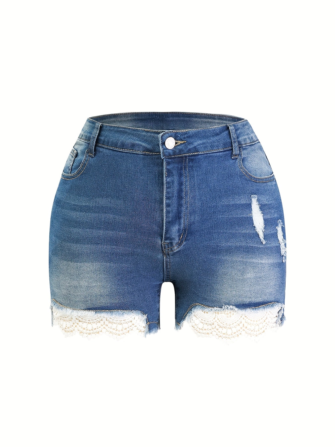 Women's Distressed Denim Shorts - Lace Detail Classic Neckline detail view