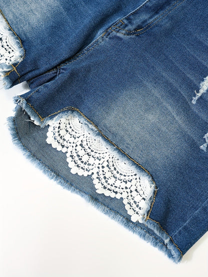 Women's Distressed Denim Shorts - Lace Detail Classic Neckline detail view