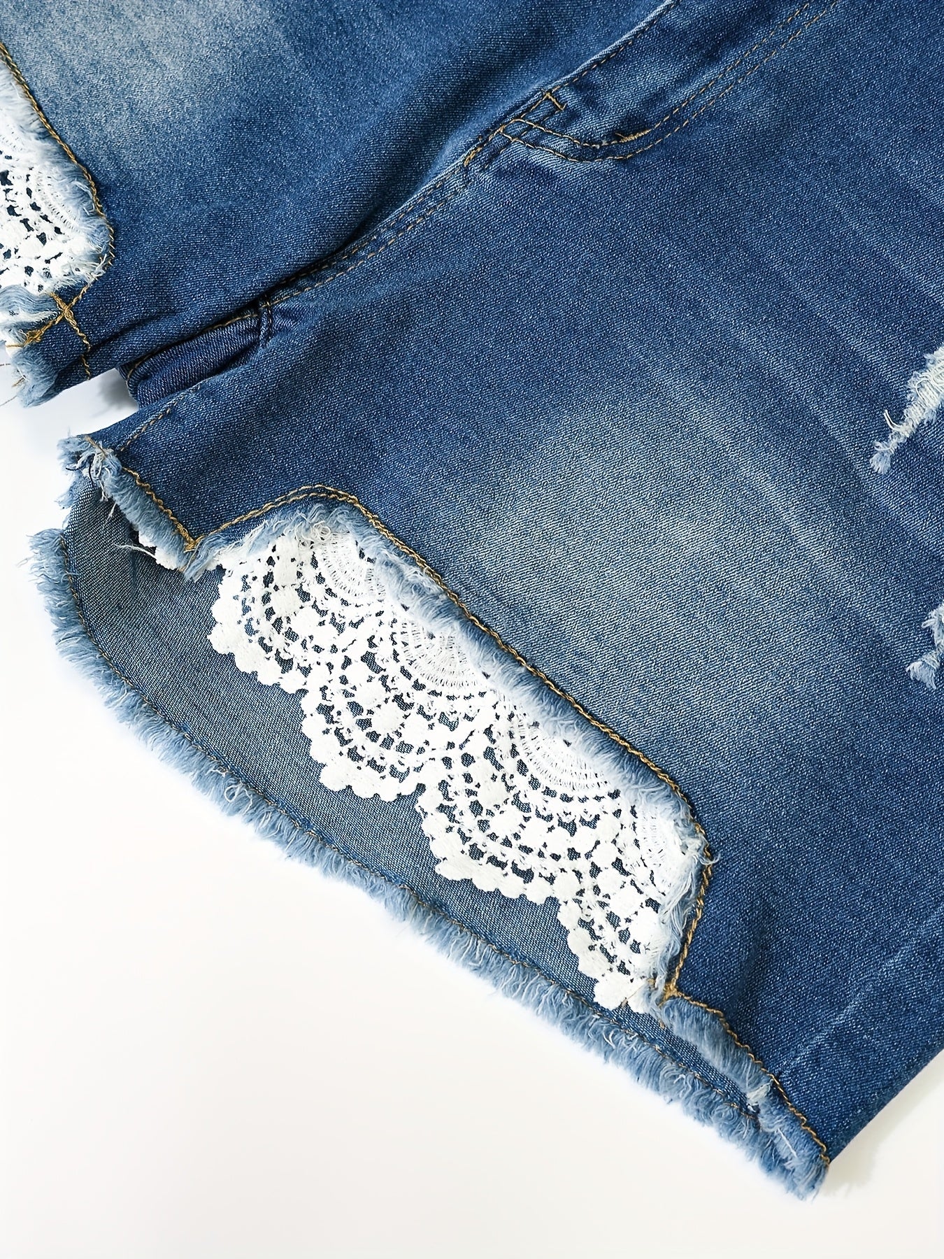 Women's Distressed Denim Shorts - Lace Detail Classic Neckline detail view
