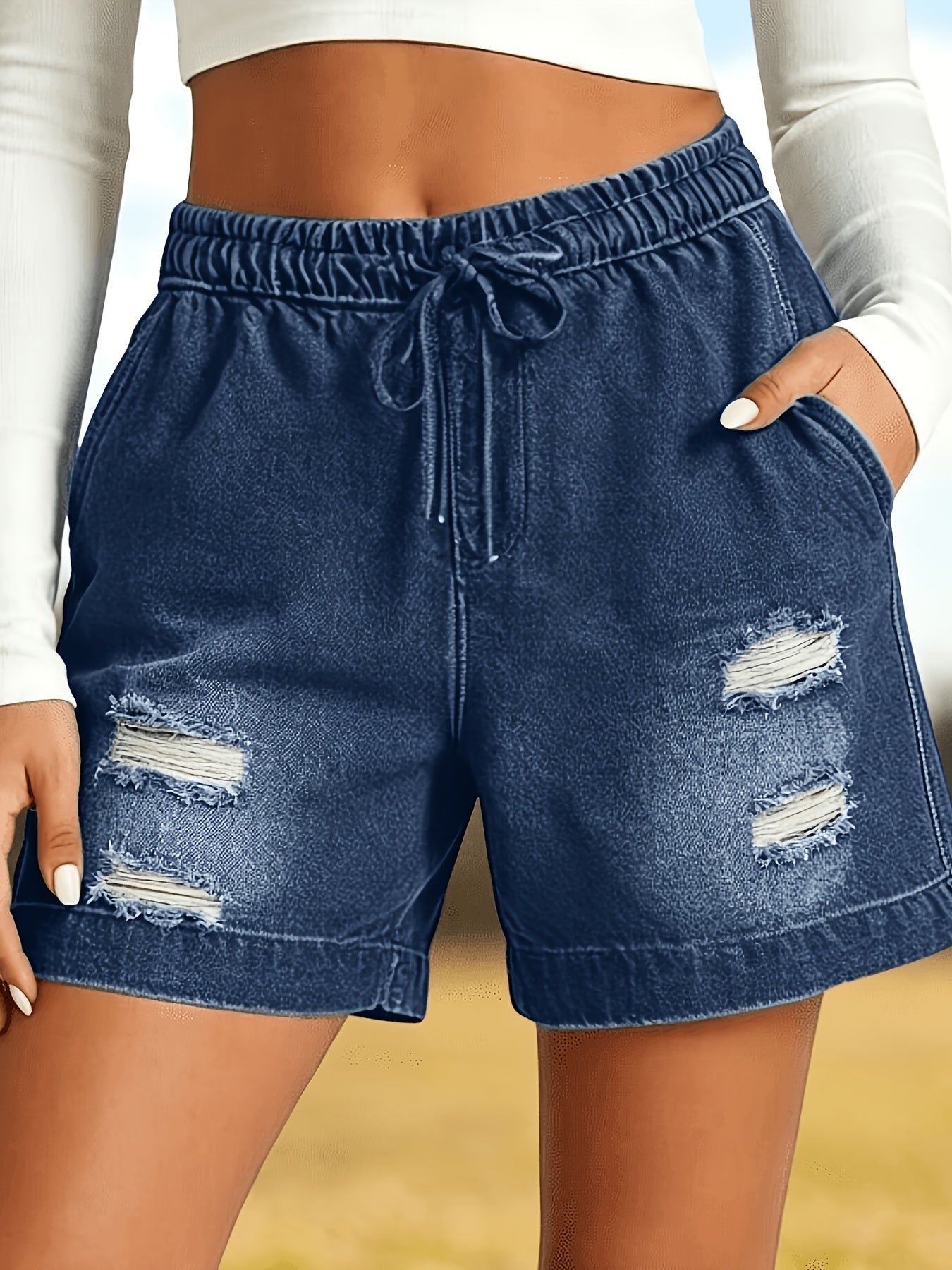 Women's Drawstring Denim Shorts - Ripped Relaxed Fit – main product image