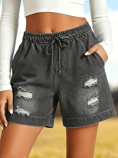 Women's Drawstring Denim Shorts - Ripped Relaxed Fit – Grey option – view 3