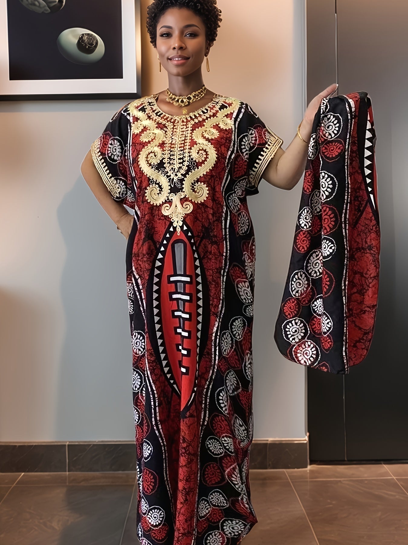 Women's Embroidered Crew Neck Maxi Casual Dress – Navy option – view 2