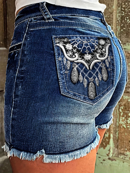 Women's Embroidered Denim Shorts - High Waist Stretch detail view
