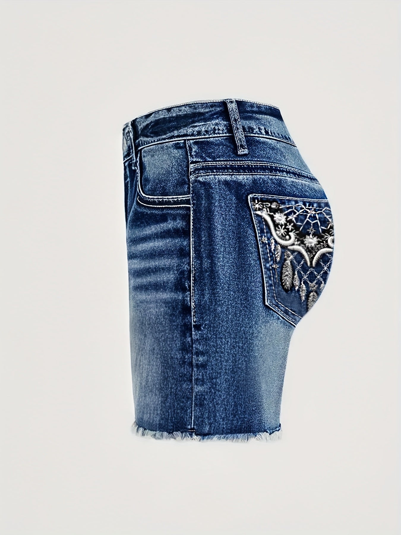 Women's Embroidered Denim Shorts - High Waist Stretch detail view