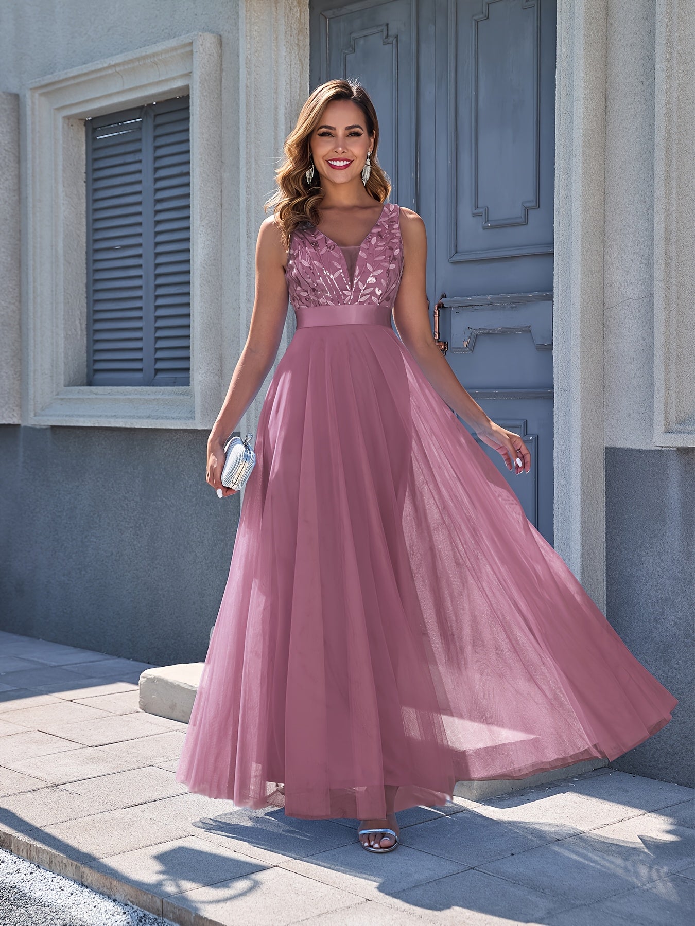 Women's Embroidered V-Neck Maxi Wedding Dress - Sleeveless detail view